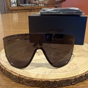 Quay On Set Women's Oversized Studded Shield Wrap Sunglasses Black Silver New